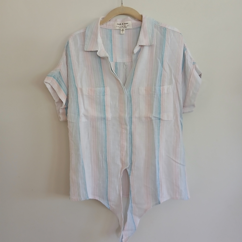 ANTHROPOLOGIE CLOTH & STONE LIYA STRIPED TIE FRONT TOP SIZE LARGE - Picture 6 of 7